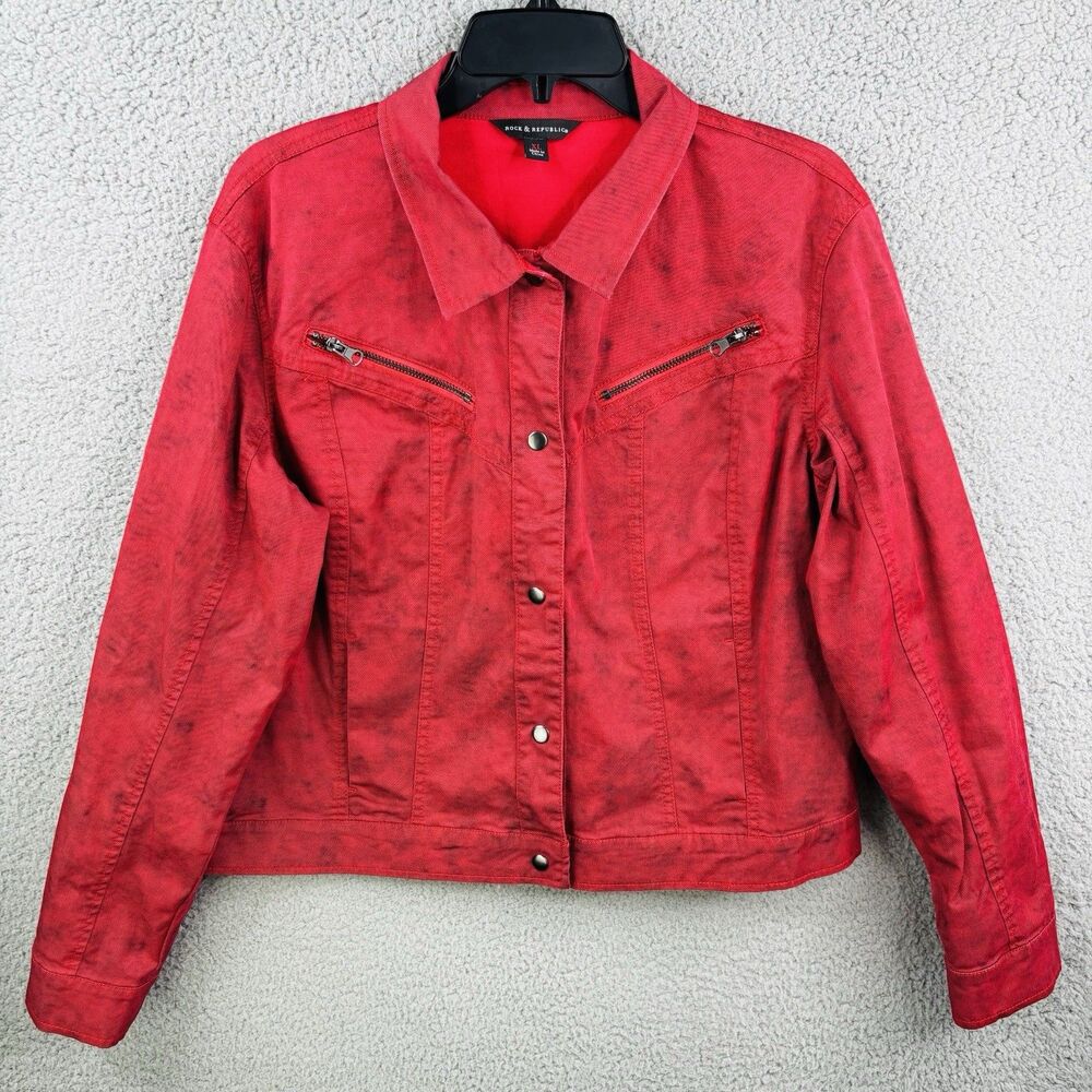 Rock & Republic Jacket XL Red Black Denim Moto Grunge Stretch Pockets